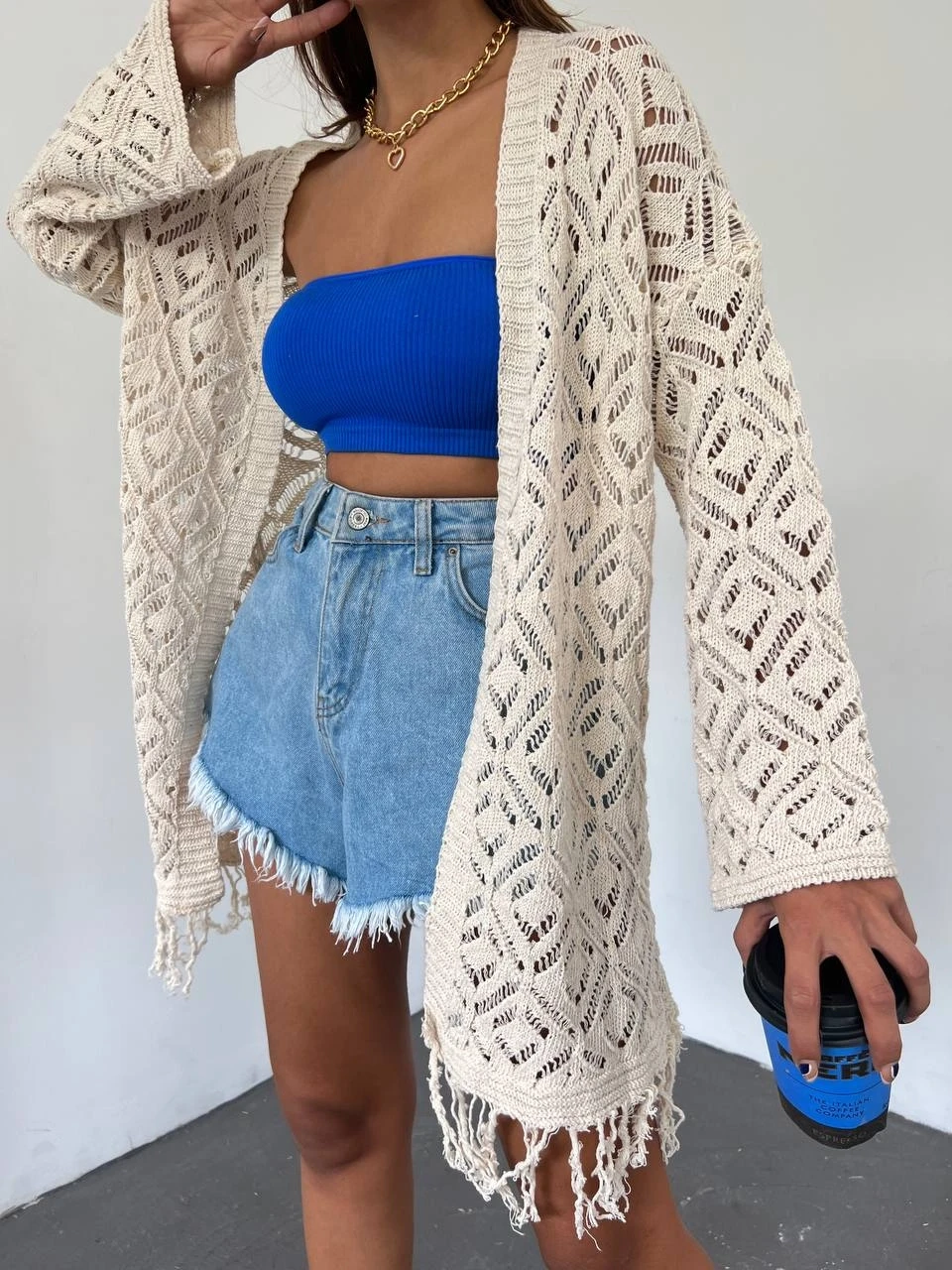 Pamuk İplik Ajurlu Saçaklı Hırka