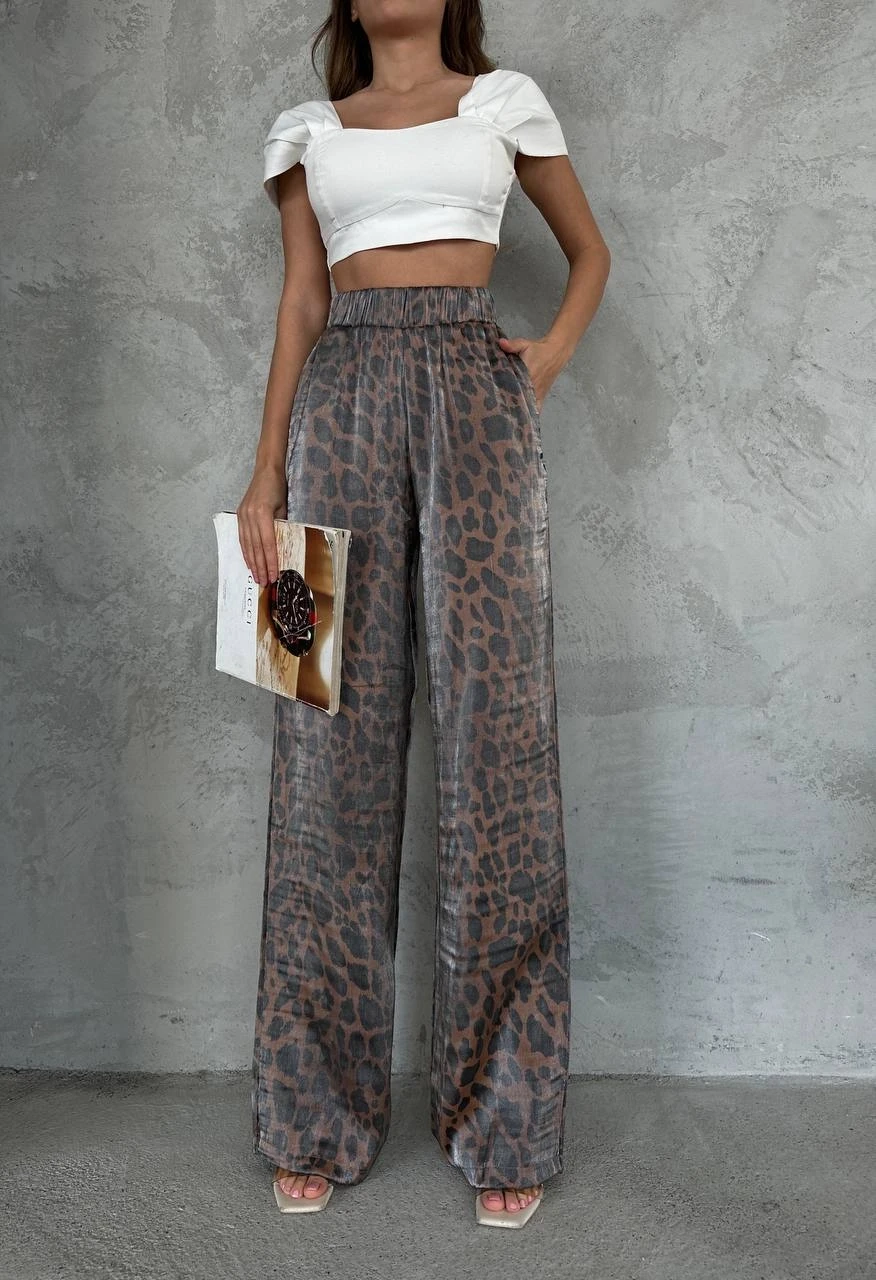 Parlak Kumaş Desenli Beli Lastikli Pantolon