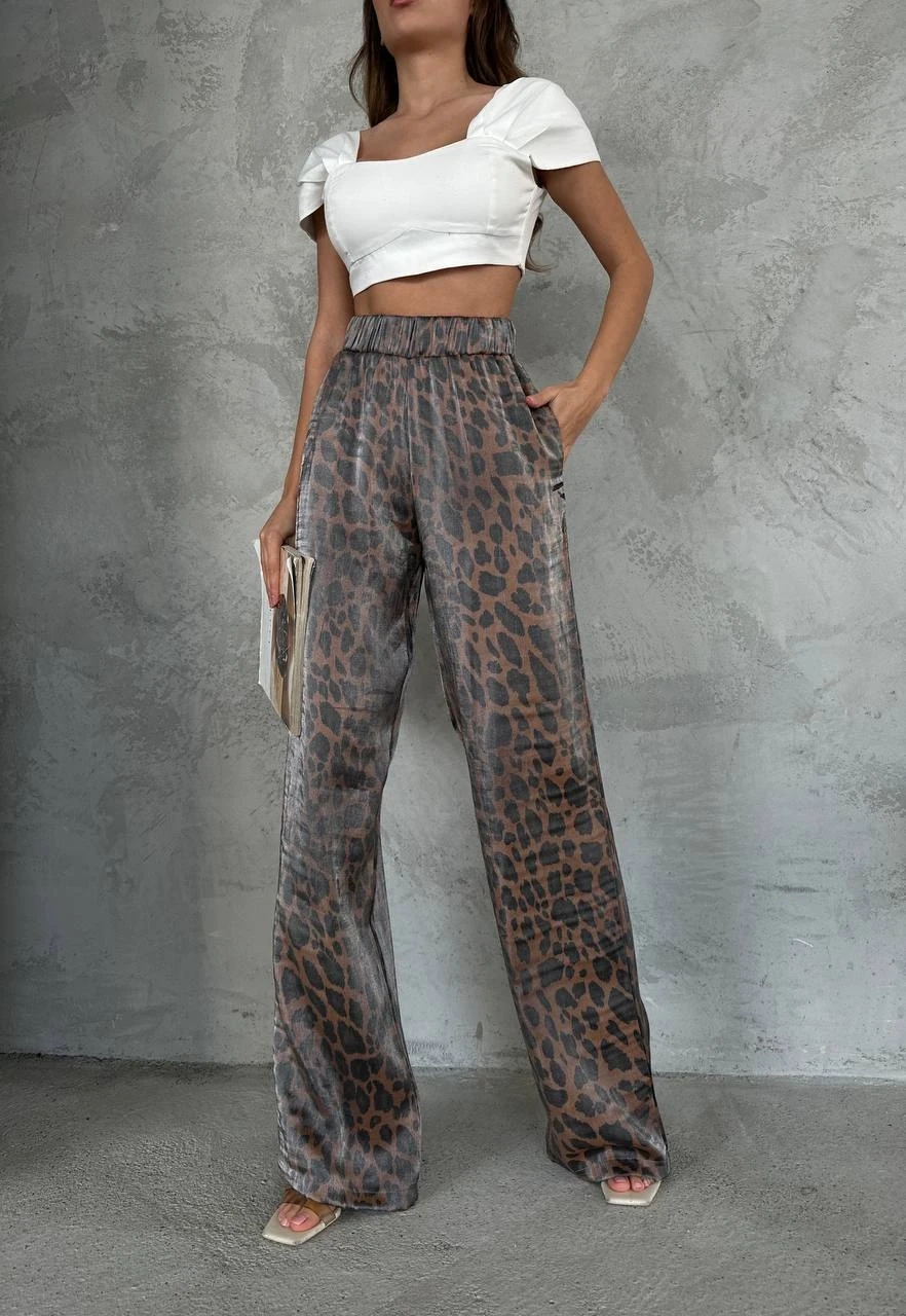 Parlak Kumaş Desenli Beli Lastikli Pantolon