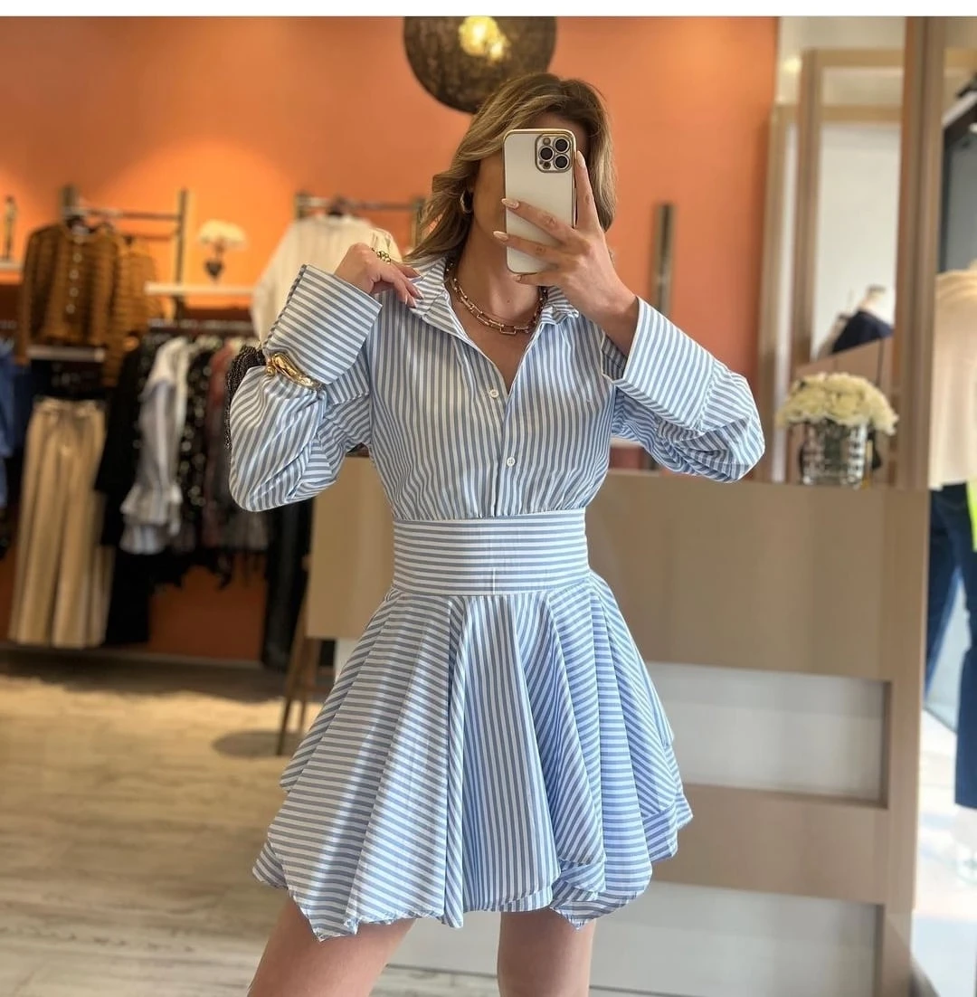 Poplin Kumaş Çizgili Gömlek Elbise