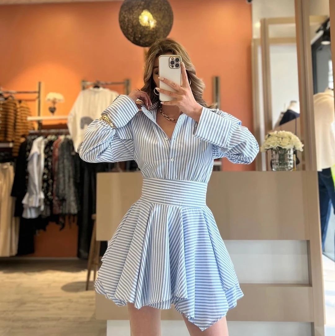 Poplin Kumaş Çizgili Gömlek Elbise