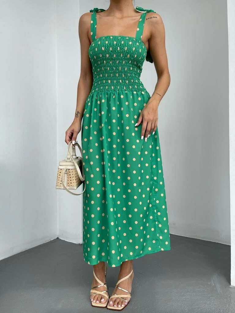 Puantiyeli Omuz Bağlamalı Elbise