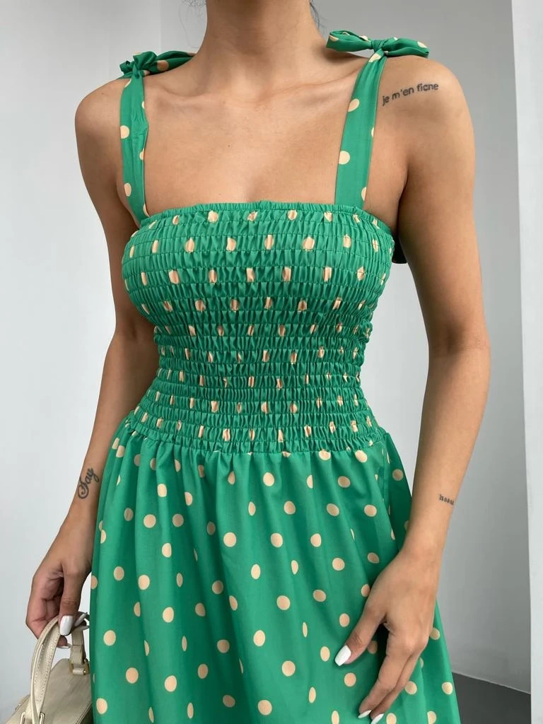 Puantiyeli Omuz Bağlamalı Elbise