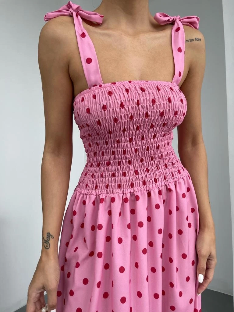 Puantiyeli Omuz Bağlamalı Elbise