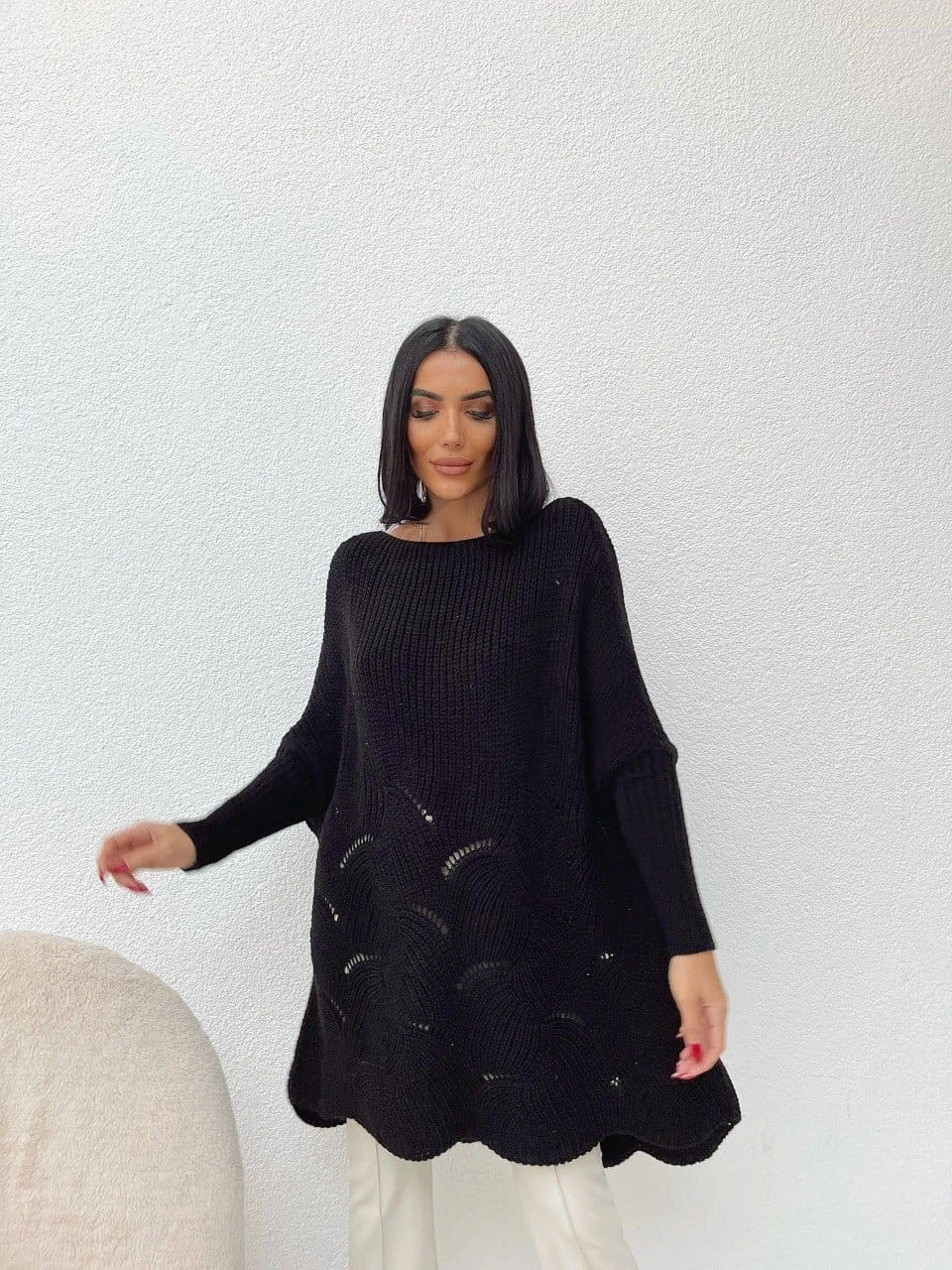 Salaş Kalıp Etekleri Delikli Triko Tunik Kazak