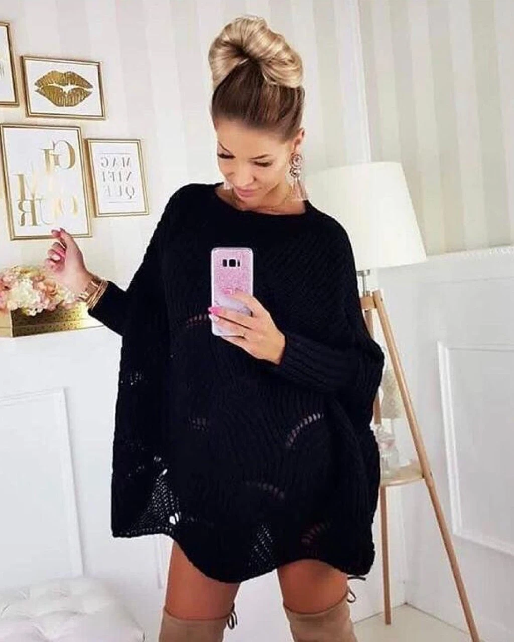 Salaş Kalıp Etekleri Delikli Triko Tunik Kazak