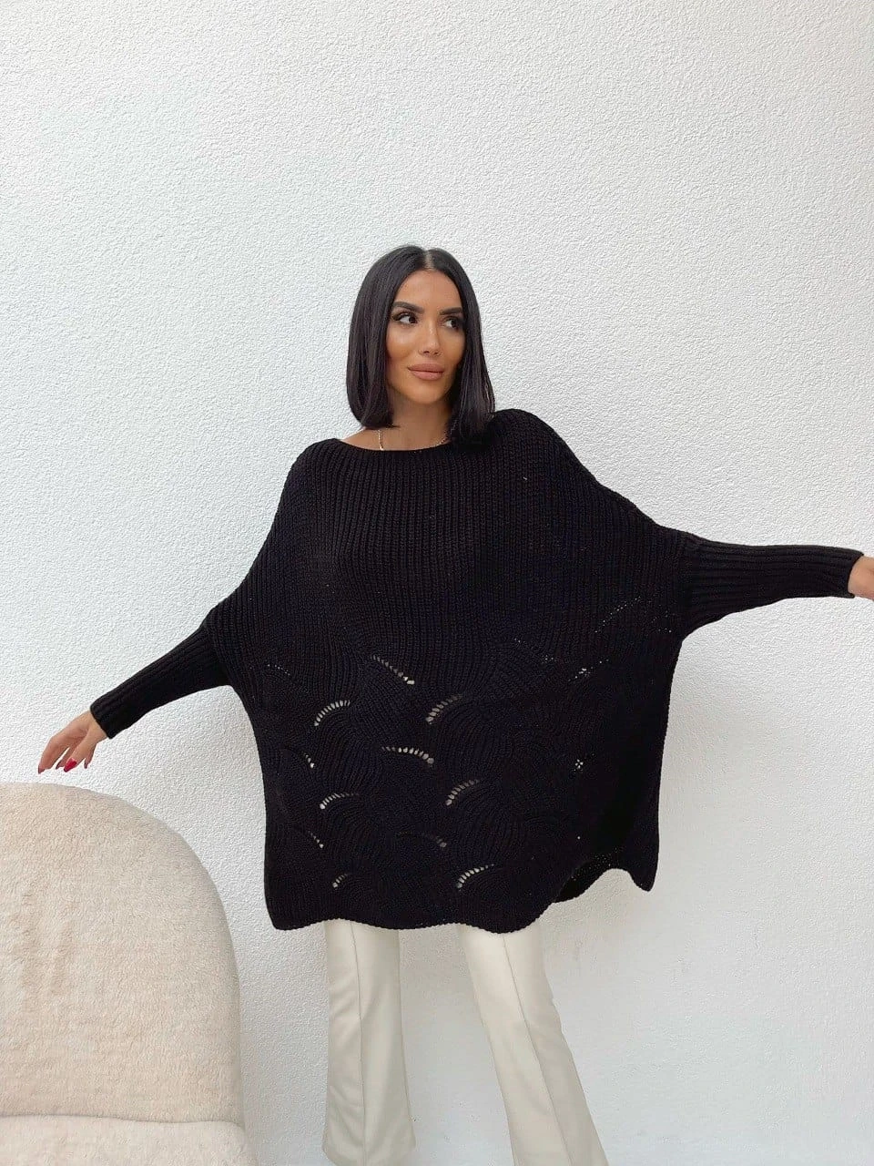 Salaş Kalıp Etekleri Delikli Triko Tunik Kazak