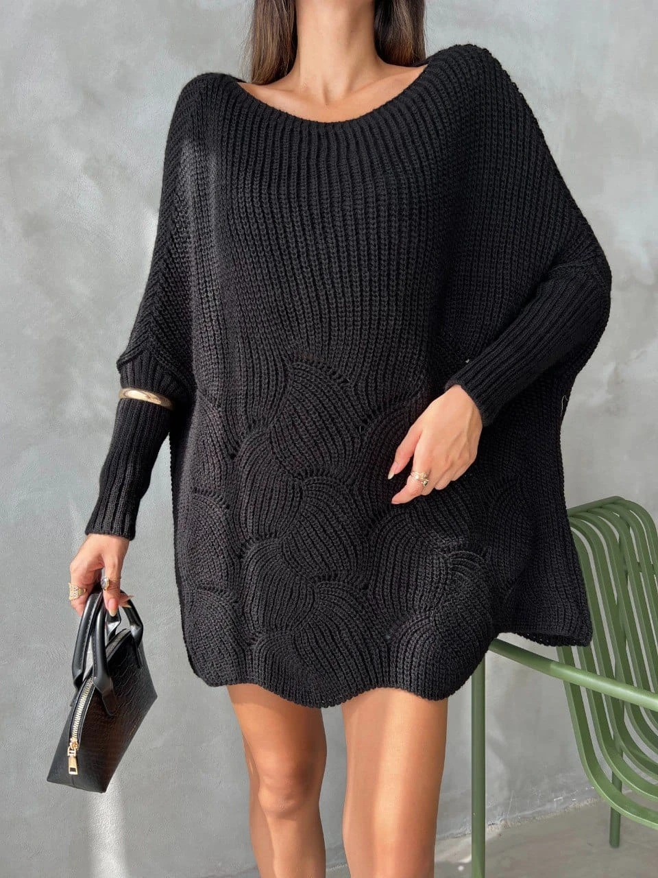 Salaş Kalıp Etekleri Delikli Triko Tunik Kazak