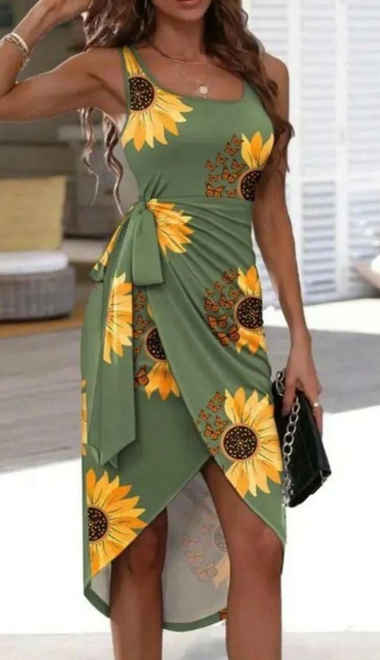 Sandy Kumaş Ayçiçek Desen Bağlamalı Elbise