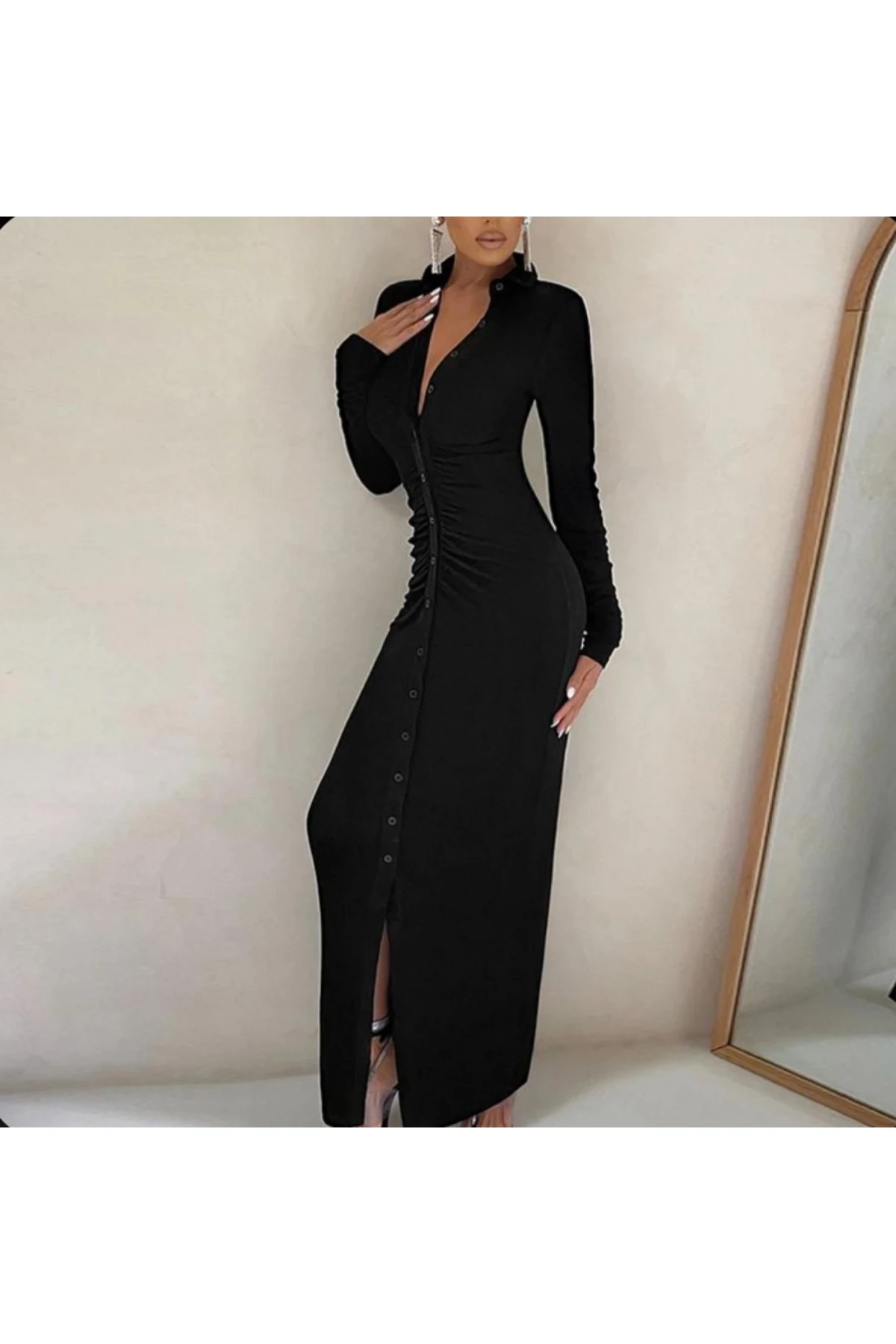 Sandy Kumaş Düğme Detaylı Elbise