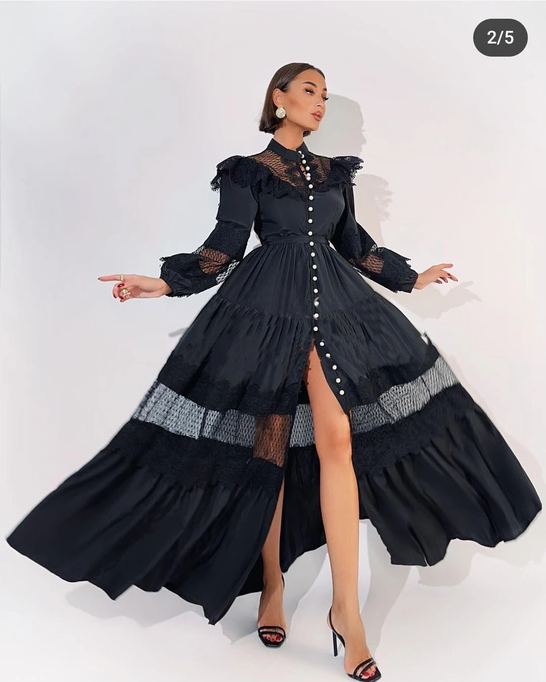 Saten Kumaş Dantel Detaylı İnci  Elbise