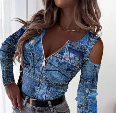 Scuba Dalgıç Kkumaş Kot Gorunumlu Dijital Baskı Fermuarlı Detaylı Bluz