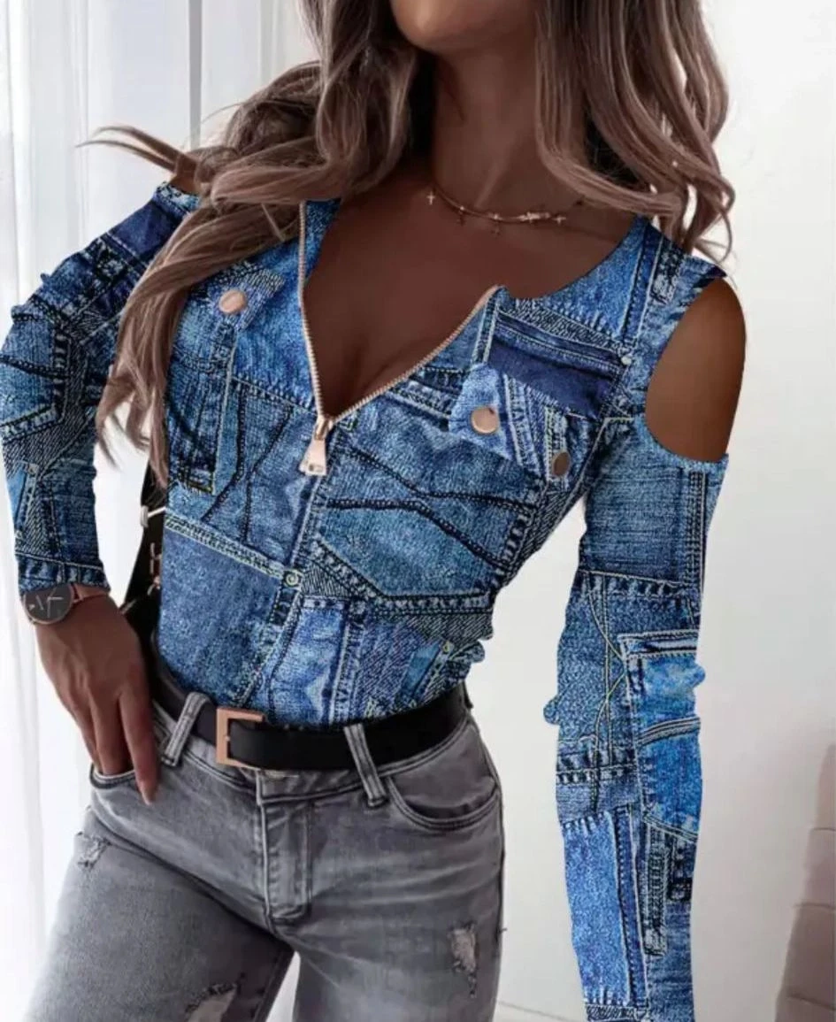 Scuba Dalgıç Kkumaş Kot Gorunumlu Dijital Baskı Fermuarlı Detaylı Bluz