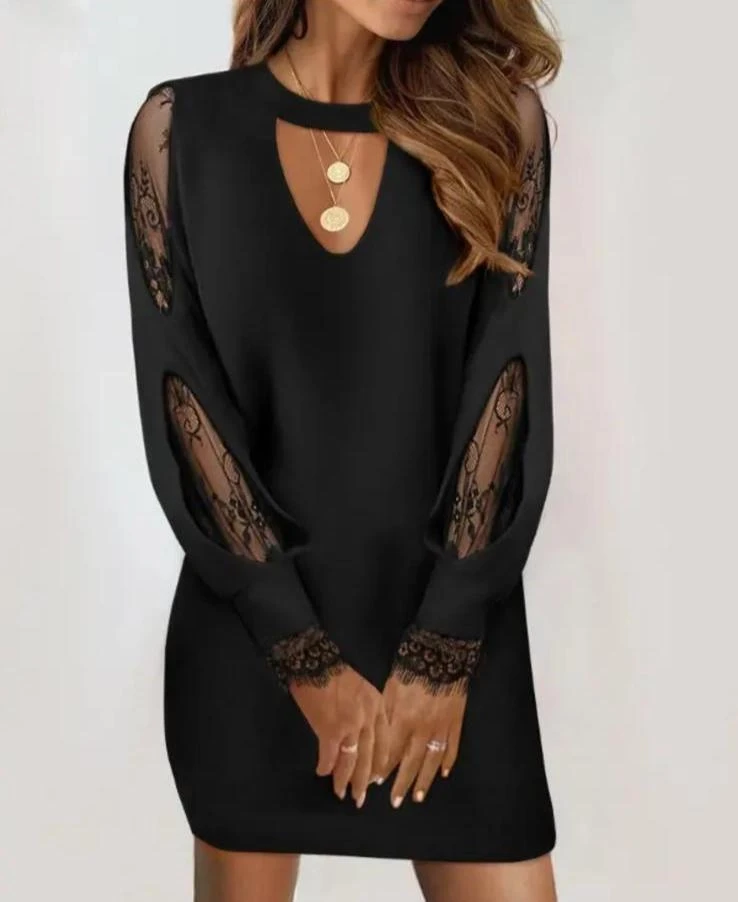 Scuba Dalgıç Kumaş Dantel Detaylı Elbise