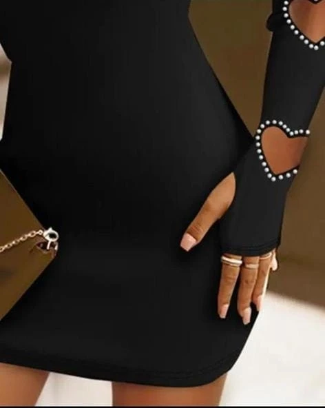 Scuba Dalgıç Kumaş Dantel ve Taşlı Kalp Pencere Detaylı Elbise