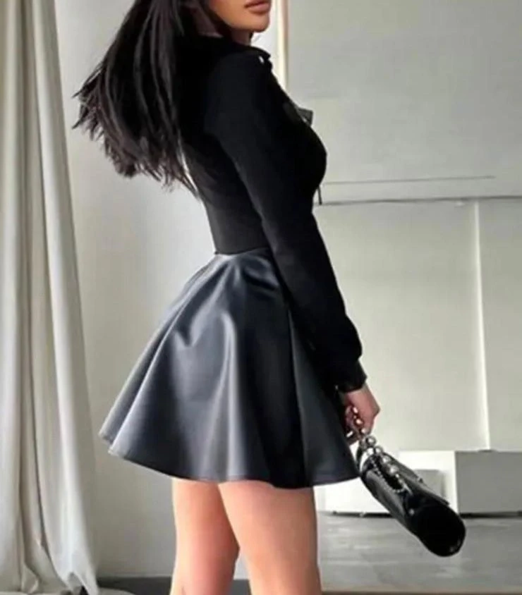 Scuba Dalgıc Kumaş Deri ve Fermuar Detaylı Elbise