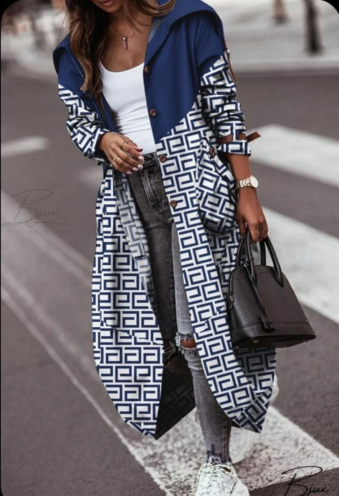 Scuba Dalgıç Kumaş Düğme Detaylı Desenli Ceket