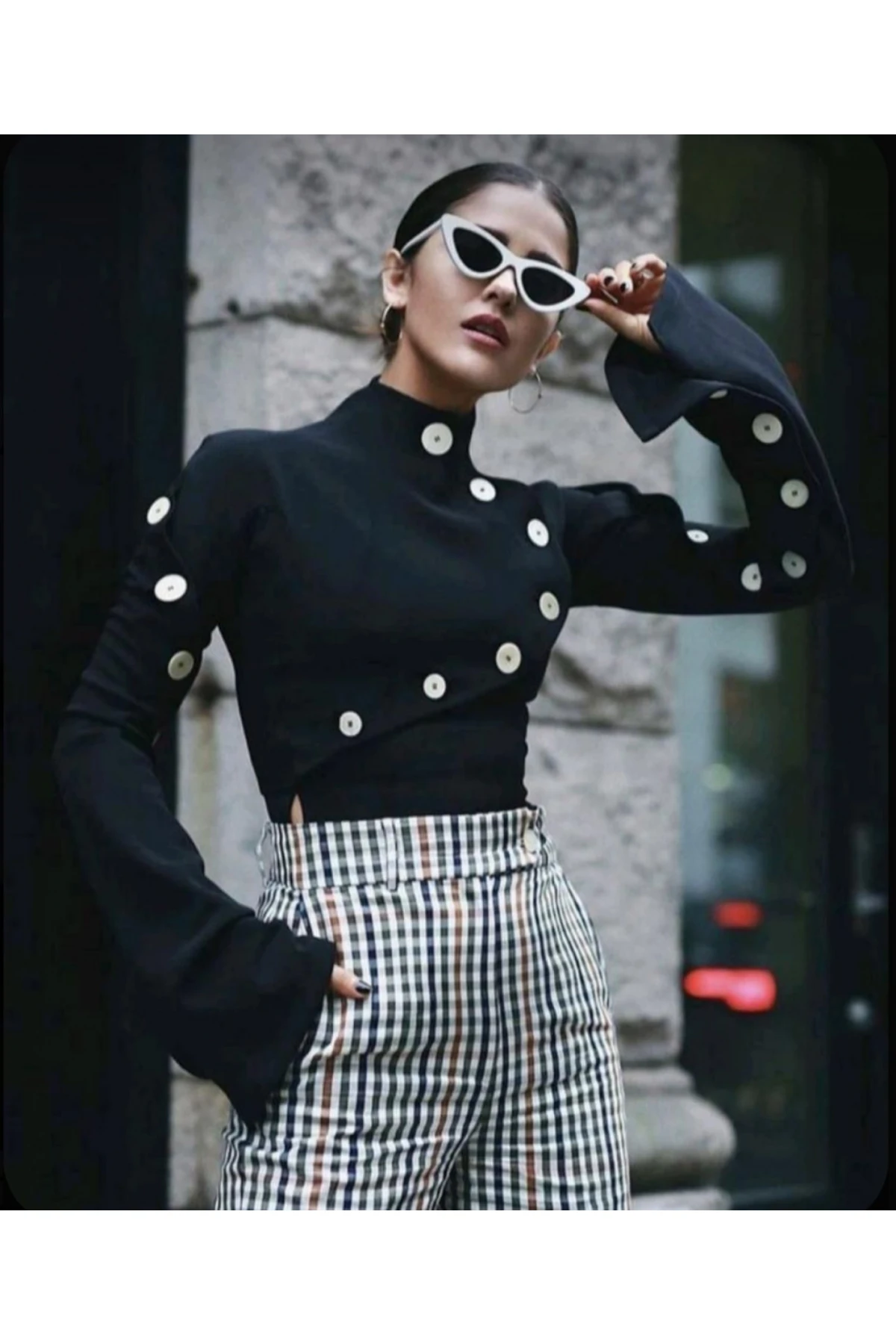 Scuba Dalgıç Kumaş Düğme Detaylı Tasarım Bluz