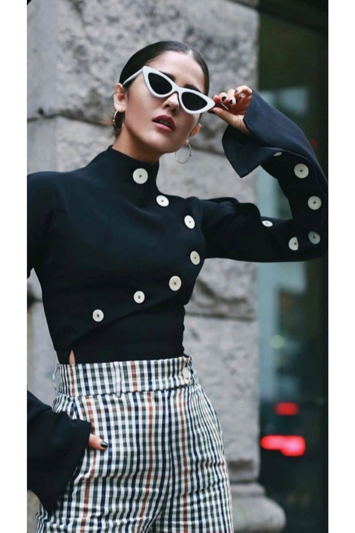 Scuba Dalgıç Kumaş Düğme Detaylı Tasarım Bluz