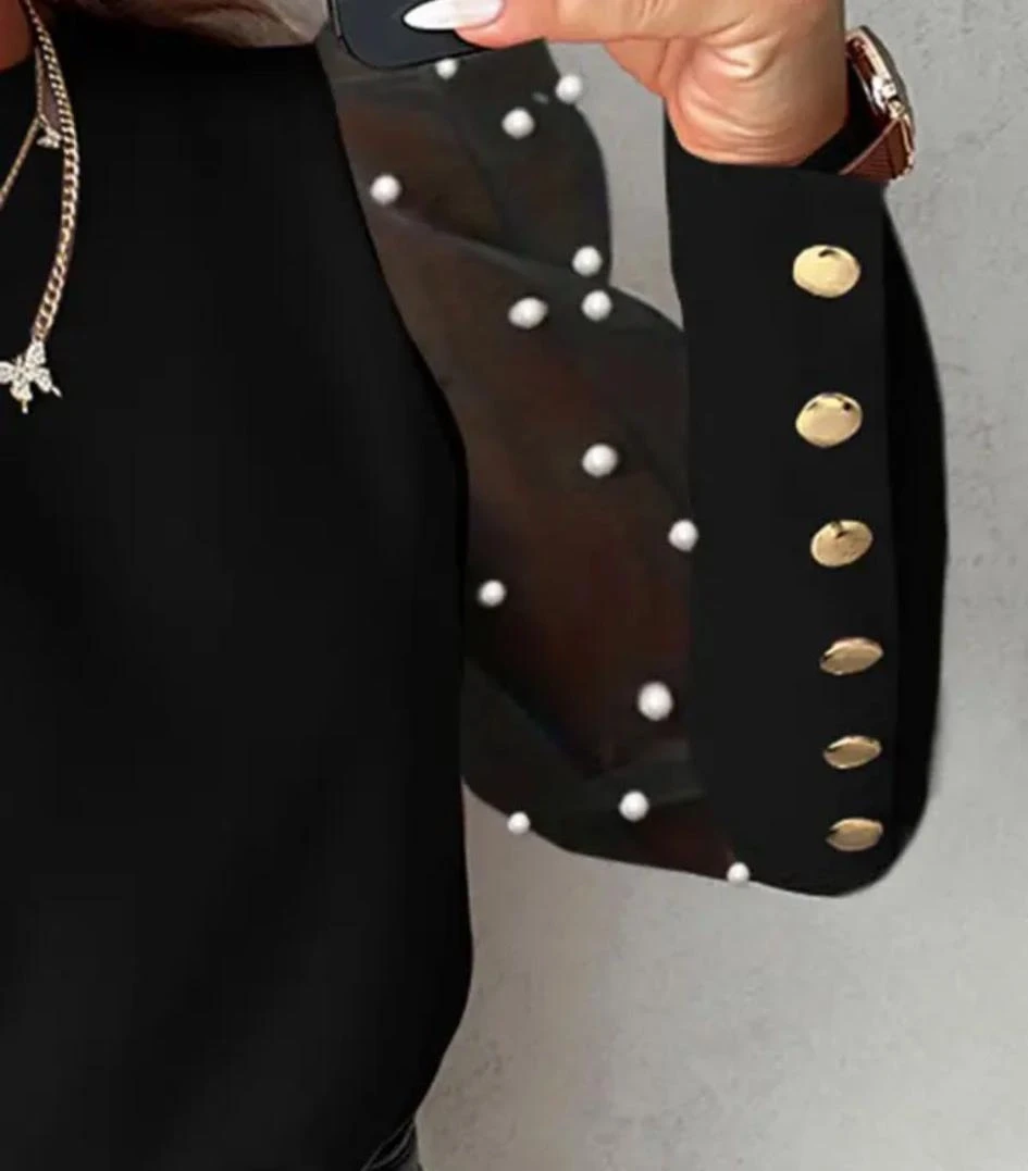 Scuba Dalgıç Kumaş Düğme ve İnci Detaylı Bluz