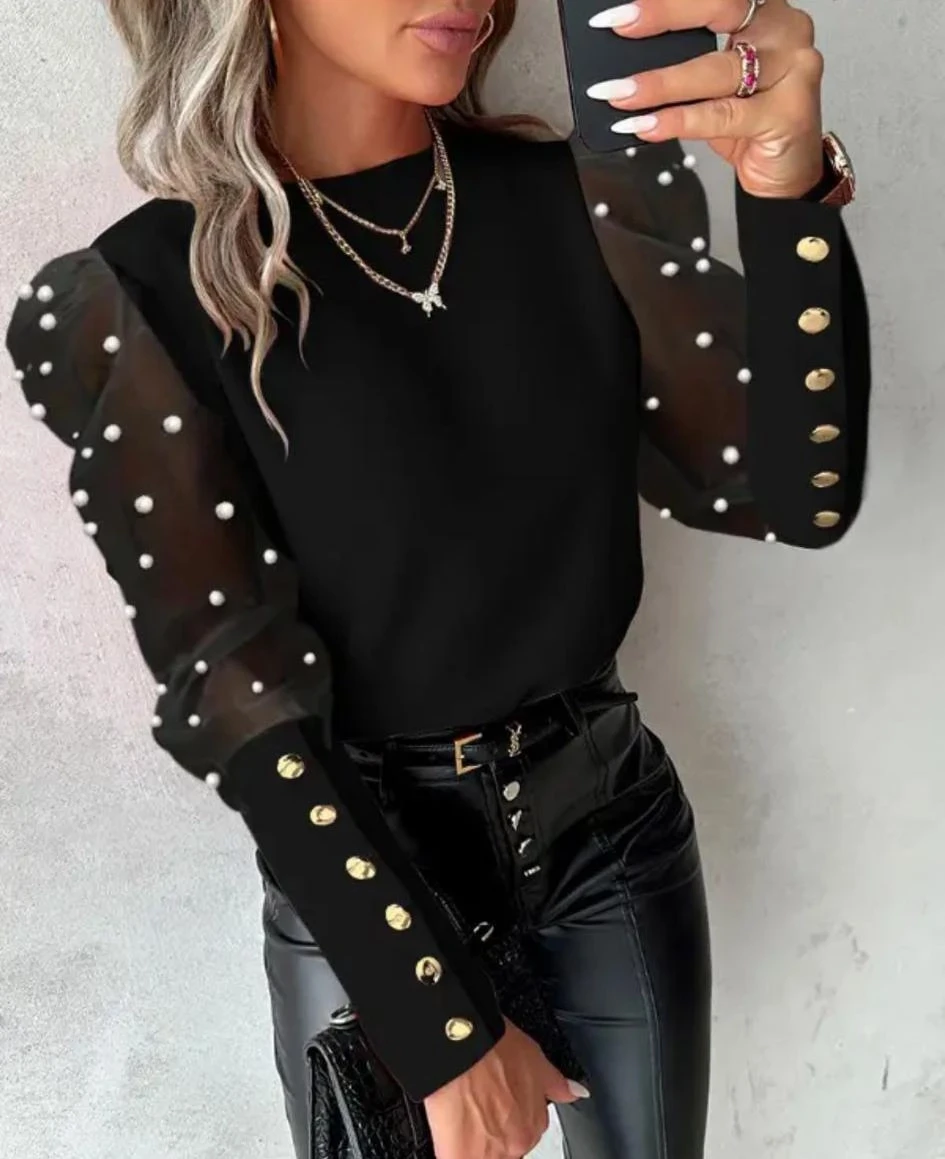 Scuba Dalgıç Kumaş Düğme ve İnci Detaylı Bluz