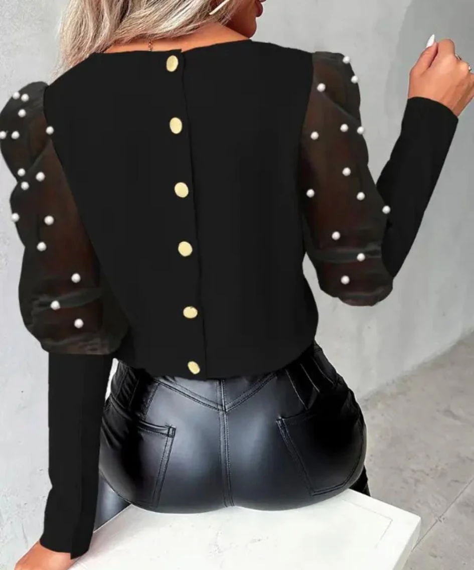 Scuba Dalgıç Kumaş Düğme ve İnci Detaylı Bluz
