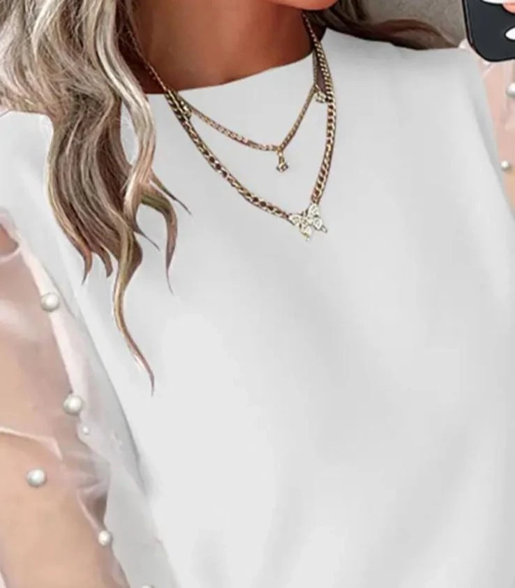 Scuba Dalgıç Kumaş Düğme ve İnci Detaylı Bluz