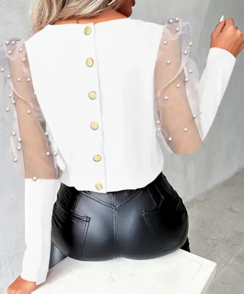 Scuba Dalgıç Kumaş Düğme ve İnci Detaylı Bluz