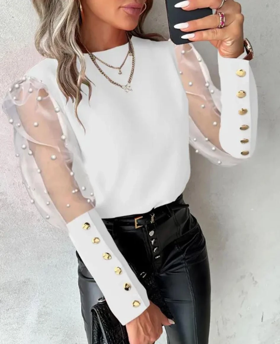 Scuba Dalgıç Kumaş Düğme ve İnci Detaylı Bluz