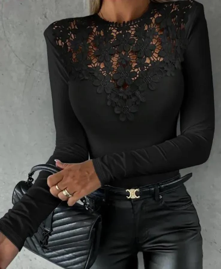 Scuba Dalgıç Kumaş  Güpür Detaylı Bluz