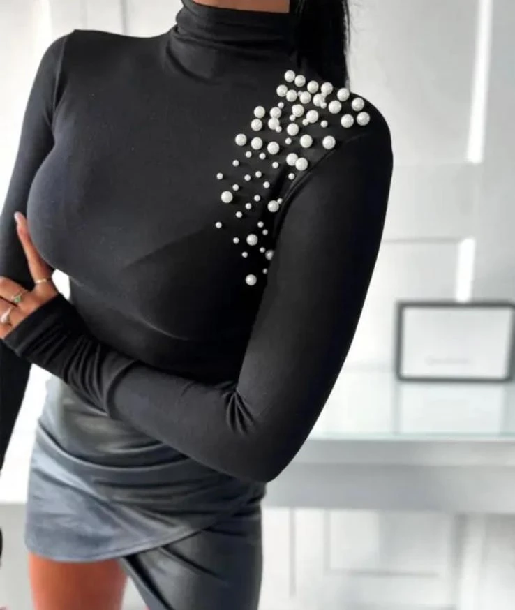 Scuba Dalgıç Kumaş  İnci Detaylı Bluz