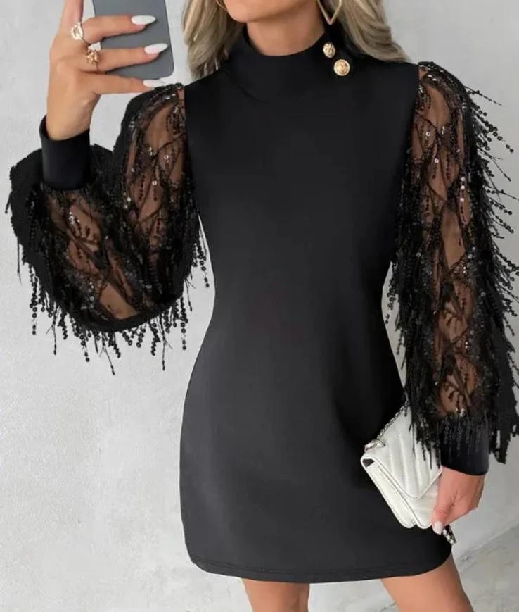 Scuba Dalgıc Kumaş  İthal  Payet Saçaklı Düğme Detaylı Elbise