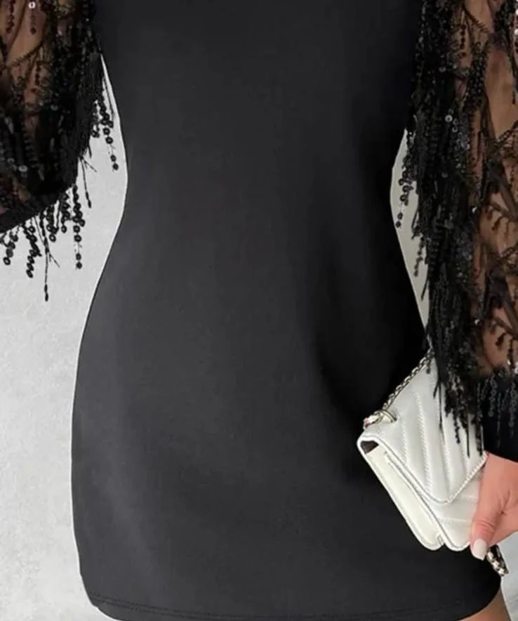 Scuba Dalgıc Kumaş  İthal  Payet Saçaklı Düğme Detaylı Elbise