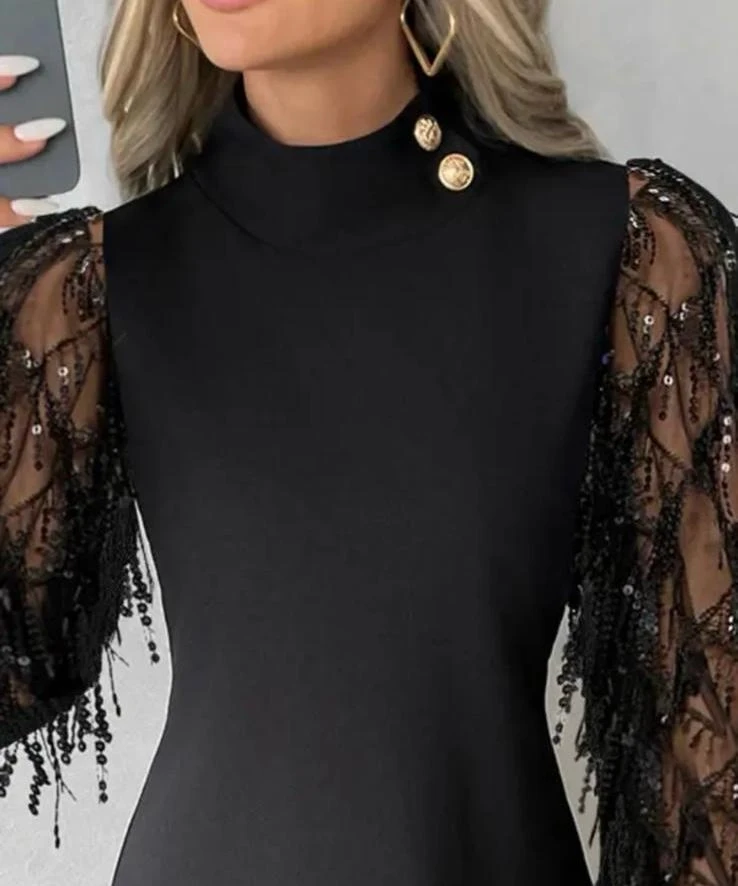 Scuba Dalgıc Kumaş  İthal  Payet Saçaklı Düğme Detaylı Elbise