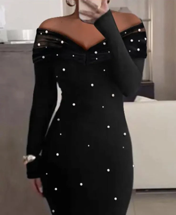 Scuba Dalgıc Kumaş Kalp Yaka Tül ve İnci Detaylı Elbise