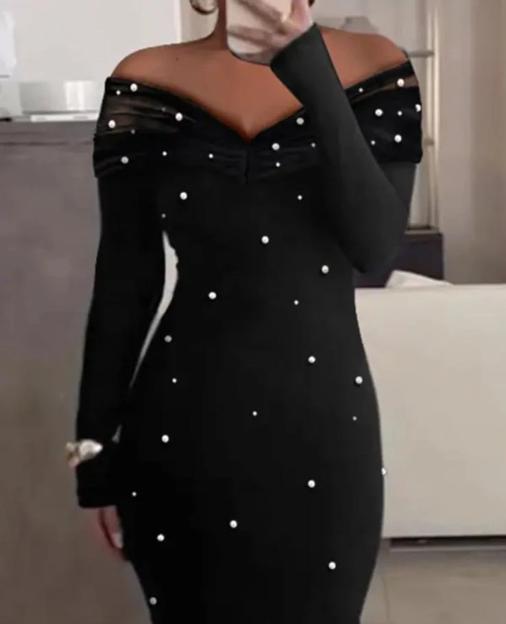 Scuba Dalgıç kumaş Kalp Yaka Tül ve İnci Detaylı Elbise