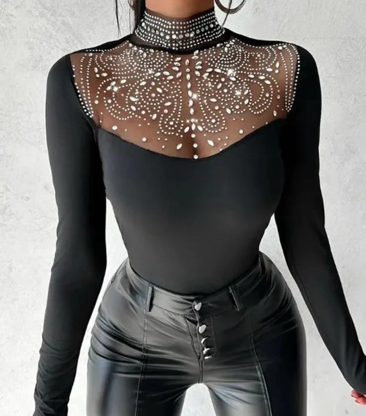 Scuba Dalgıç Kumaş  Taş Detaylı Bluz