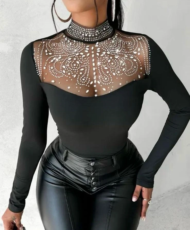 Scuba Dalgıç Kumaş  Taş Detaylı Bluz