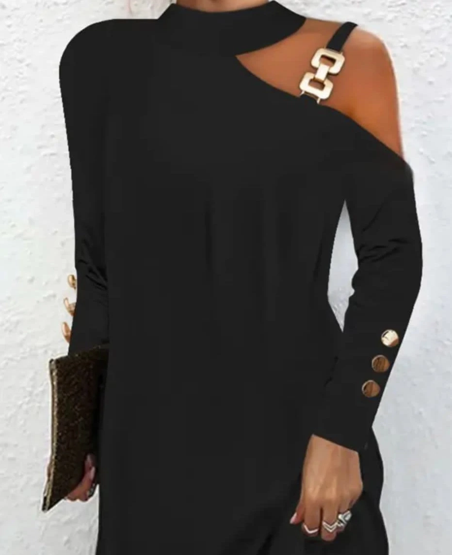 Scuba Dalgıç Kumaş Toka ve Düğme Detaylı Elbise