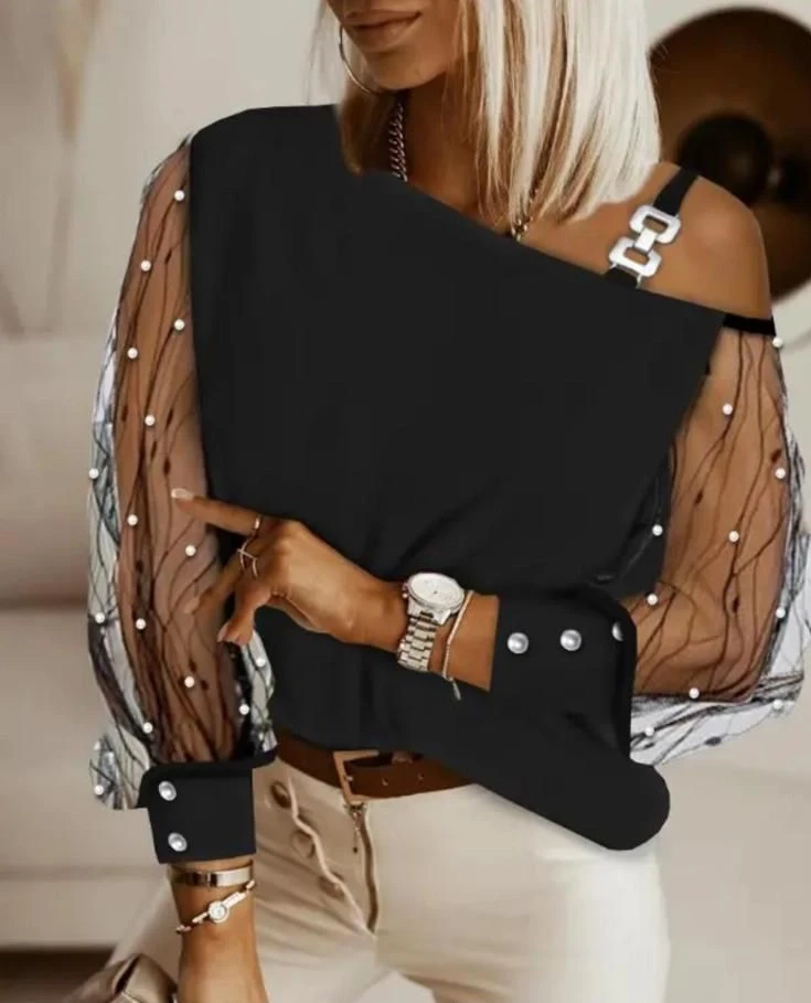 Scuba Dalgıç Kumaş Tül Üstü Taş ve Toka Detaylı Bluz