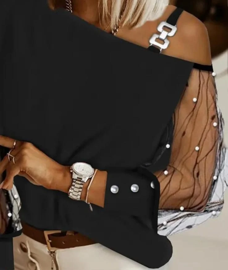 Scuba Dalgıç Kumaş Tül Üstü Taş ve Toka Detaylı Bluz