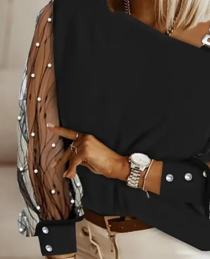 Scuba Dalgıç Kumaş Tül Üstü Taş ve Toka Detaylı Bluz