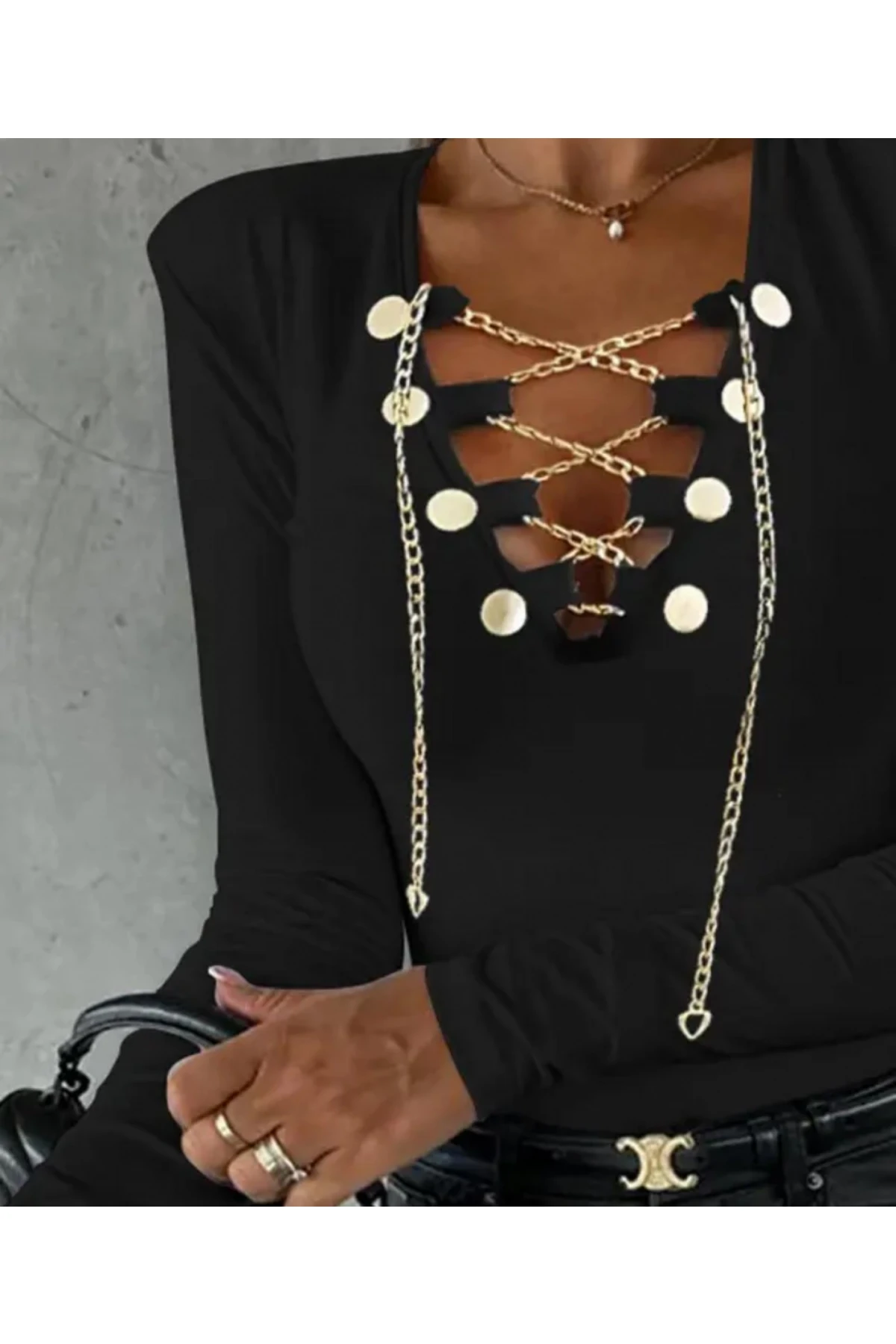 Scuba Dalgıç Kumaş Zincir Detaylı Bluz