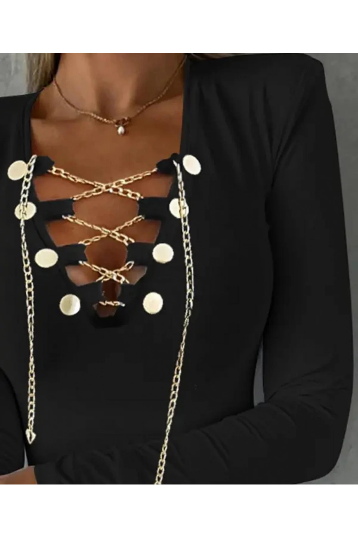 Scuba Dalgıç Kumaş Zincir Detaylı Bluz