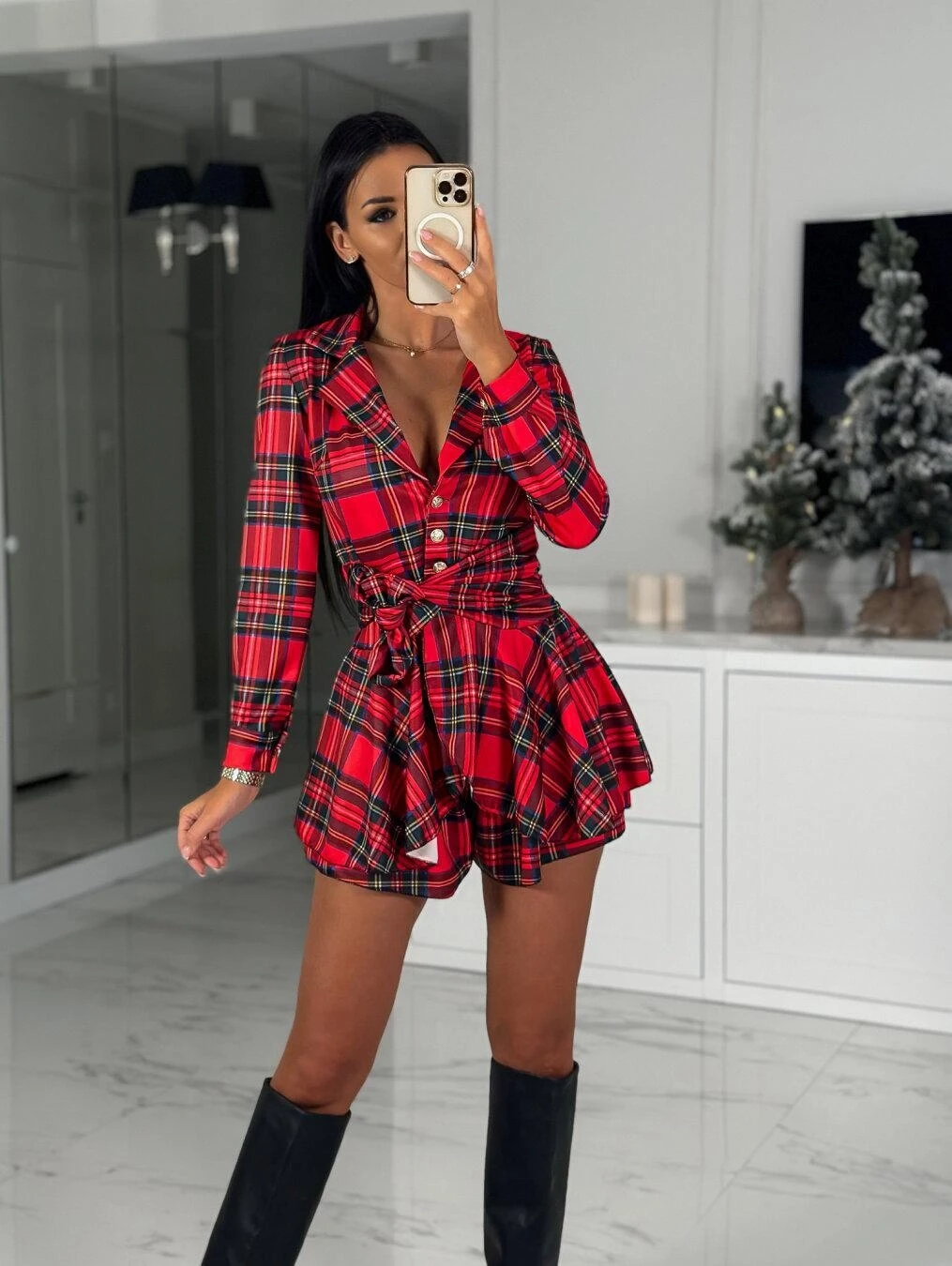 Scuba Kumaş Ekose Baskı Şort Elbise