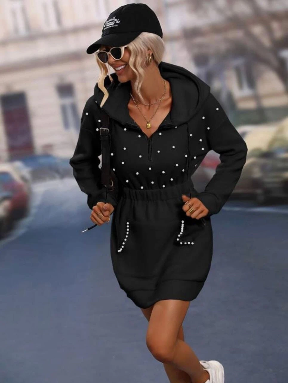 Scuba Kumaş İnci Detaylı Elbise