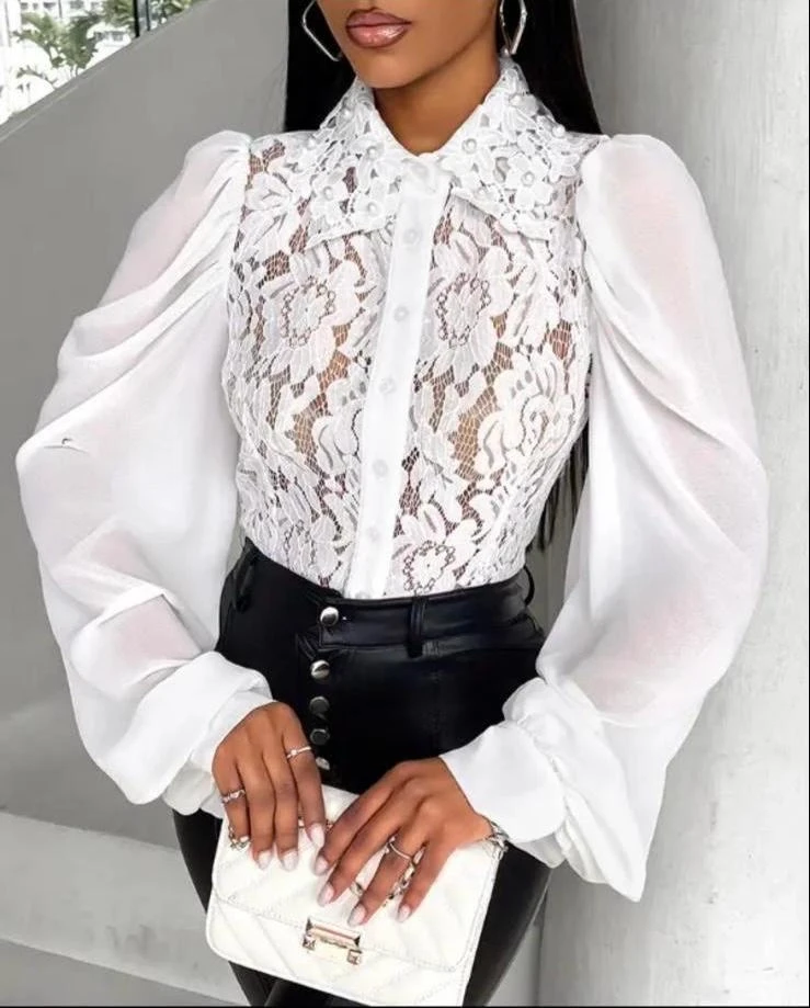 Şifon Kumaş İthal Güpür Detaylı Gömlek