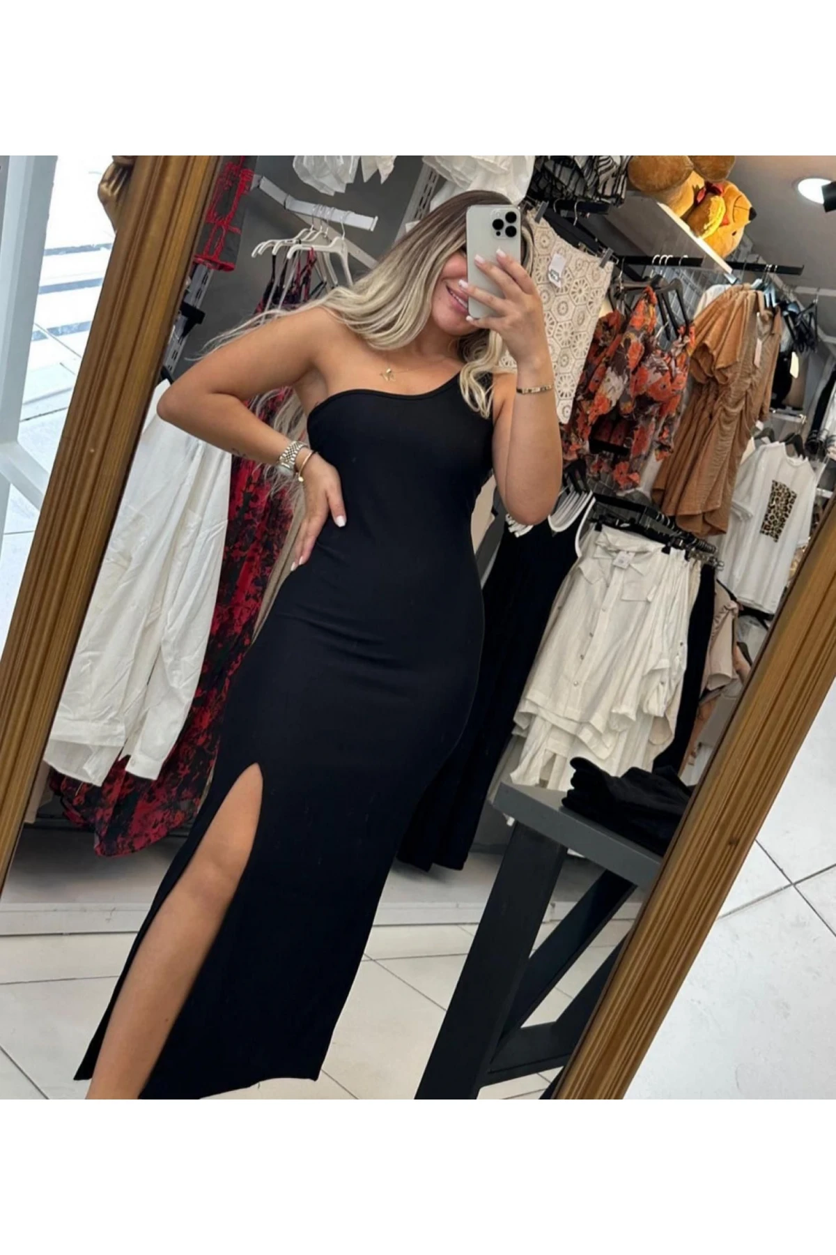 Stefanie  Omuz Dekolteli Yırtmaçlı Elbise Ottoman Kumaş