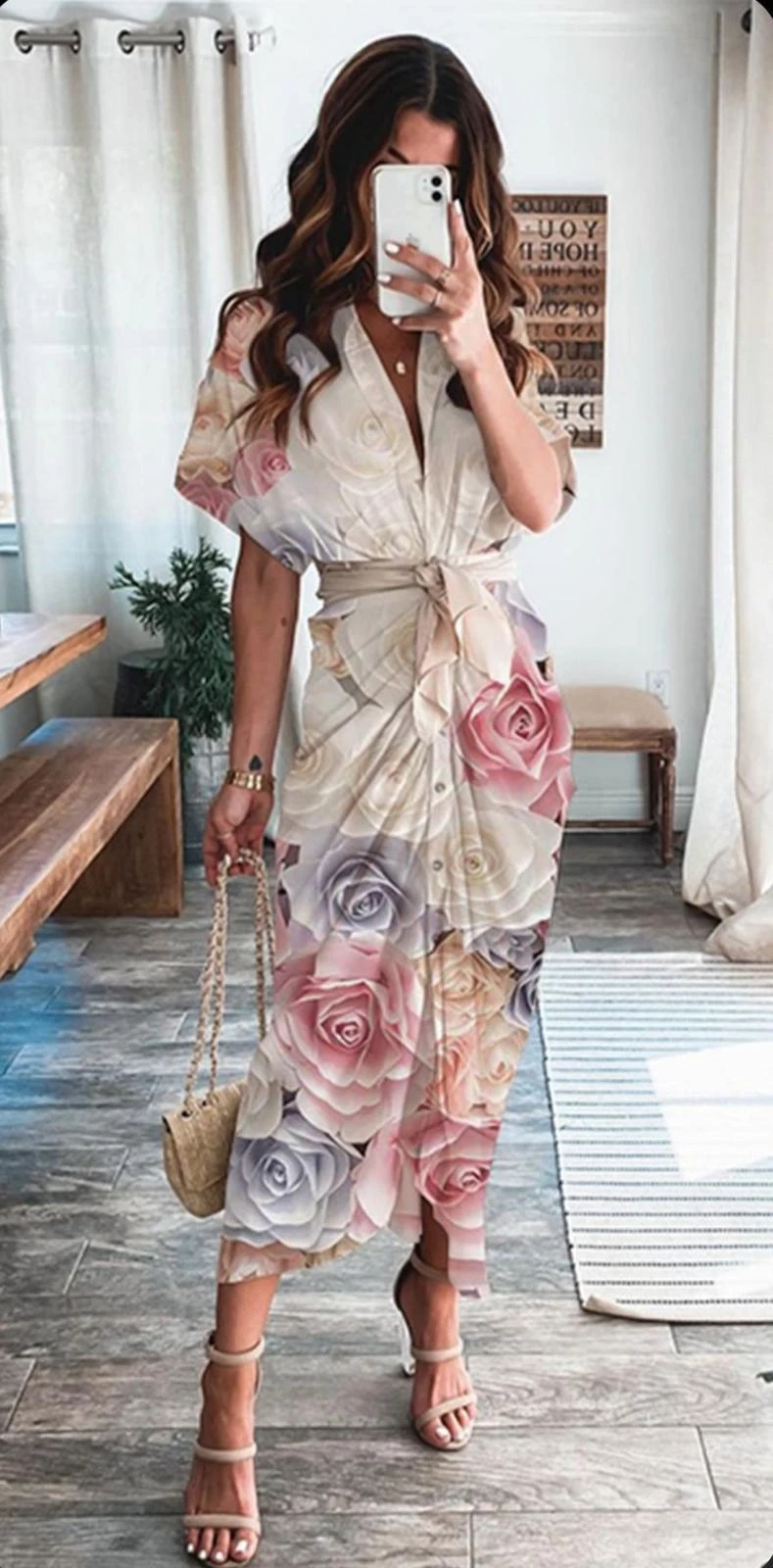 Sandy Kumaş Dijital Baskı Gömlek Kuşak Detaylı Elbise