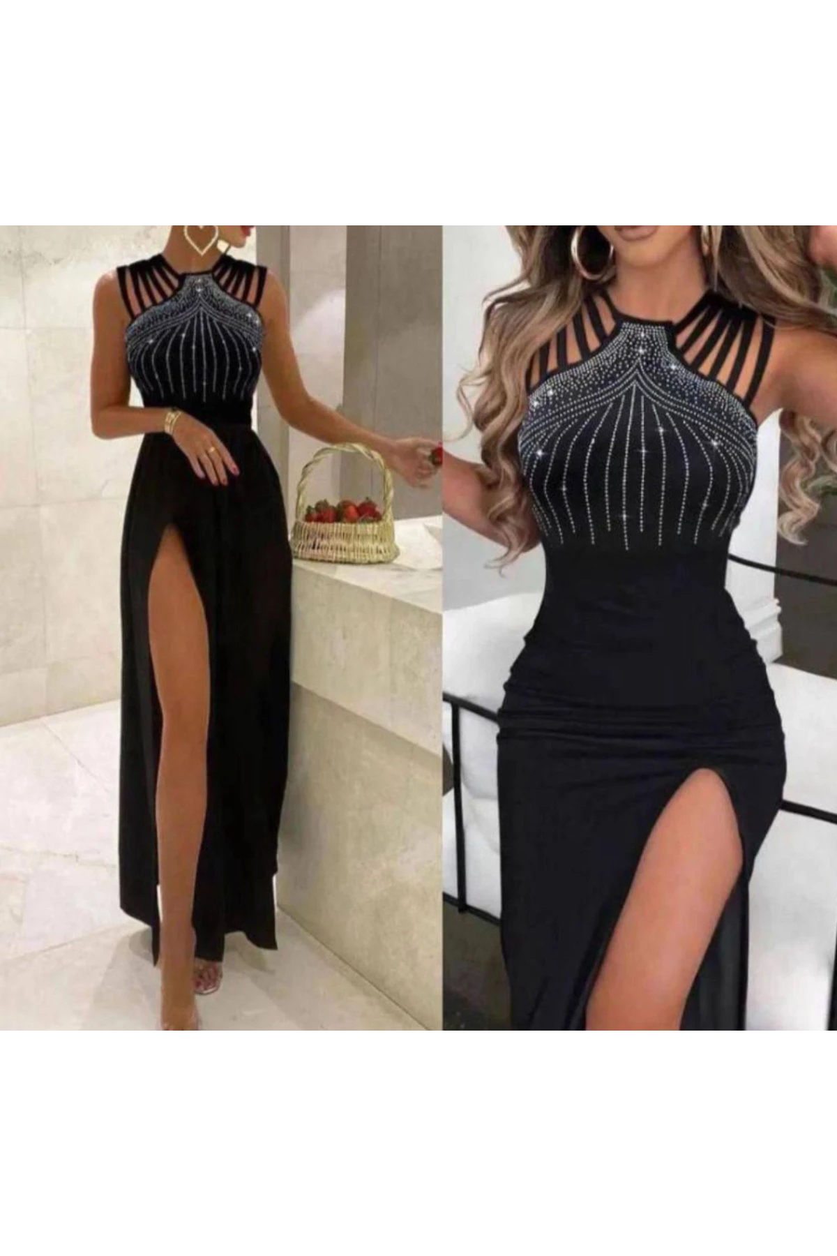 Taş İşlemeli Sandy Kumaş Elbise